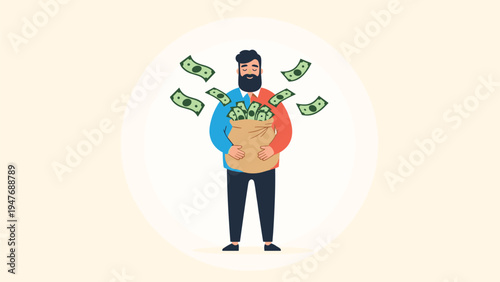 Happy bearded man holding a large sack of money with many banknotes flying in the air symbolizing wealth and financial success.