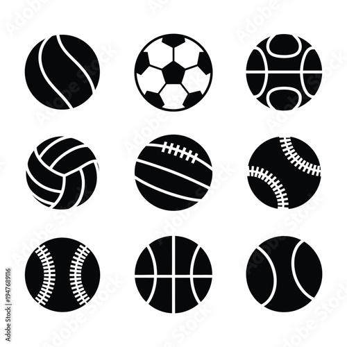 Sports balls icons football basketball tennis soccer baseball volleyball golf rugby bowling handball