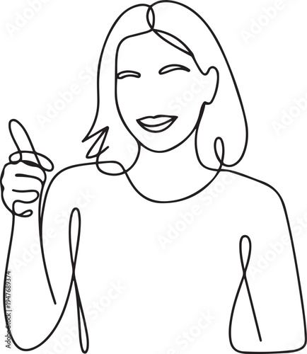 female vlogger closes her vlog by giving a thumbs up . one line art icon drawing vector
