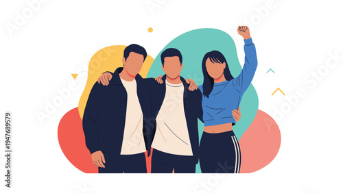 Three diverse young friends standing together with unity while one woman raises her fist for empowerment and social activism.