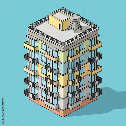 Isometric illustration of a multi-story residential building with balconies and rooftop amenities.
