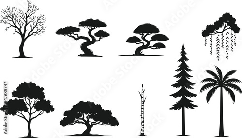 Set of 8 tree silhouettes vector