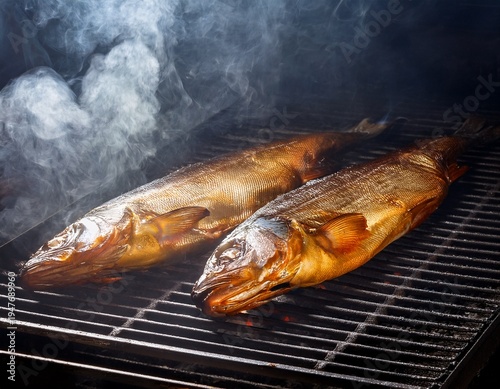 smoked fish cooking on grill inside smokehouse with thick smoke
