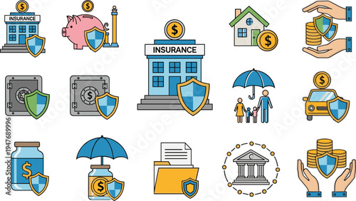 Insurance Policy and Financial Protection Icon Set Featuring Home and Car Coverage, Family Safety Plans, Money Security and Risk Management Services