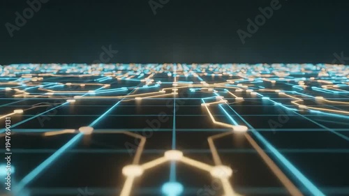Abstract Digital Data Network with Glowing Blue and Gold Lines