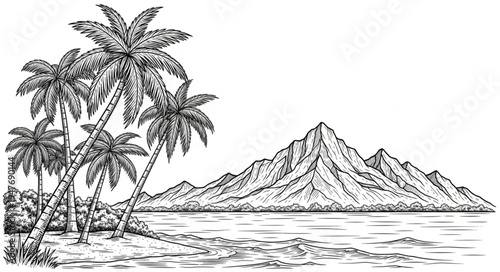 Tropical island landscape with palm trees and mountains.