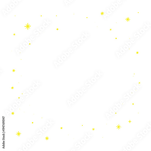 Minimalist yellow stars frame on white background with copy space. Abstract night sky pattern for dreams or celebration design.
