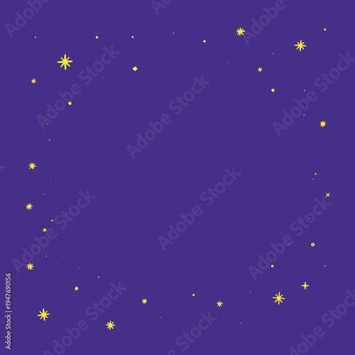 Purple background with scattered yellow stars forming a loose frame. Night sky pattern with central copy space. Minimalist vector illustration for dreams or sleep concepts.
