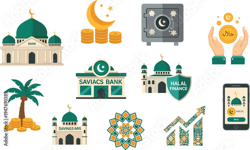 Islamic Banking and Halal Finance Icon Set Featuring Sharia Compliant Bank, Zakat Charity, Halal Investment, Crescent Moon Symbols and Islamic Financial Technology Concepts
