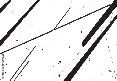 Black diagonal lines and scattered ink spots on a white background