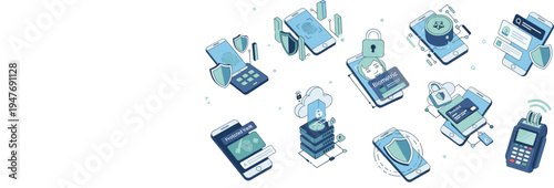 Secure Mobile Banking and Digital Payment Protection Icon Set Featuring Online Banking Security, Smartphone Transactions, Data Encryption and Fintech Cybersecurity Technology Concepts