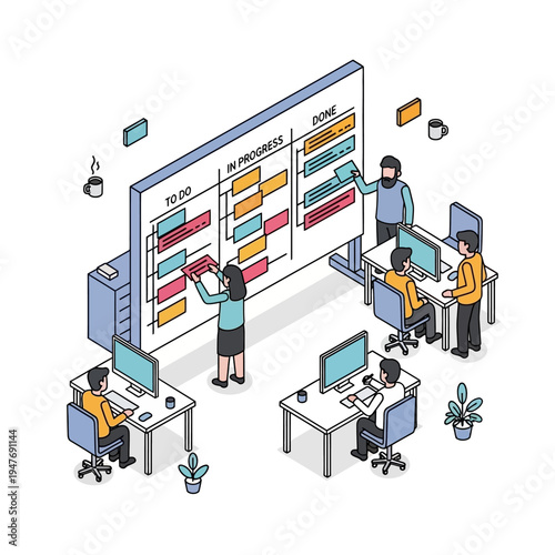 Isometric illustration of a team collaborating on a project using a Kanban board in an office environment.