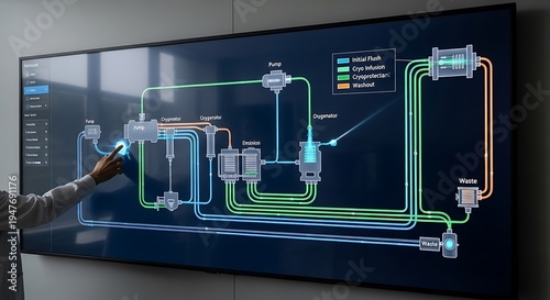 Persons hand points to a detailed flow chart or schematic displayed on a large, modern digital screen, illustrating an industrial process.