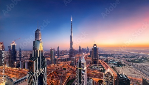 dubai burj khalifa skyline tallest building in the world panorama top view at twilight downtown