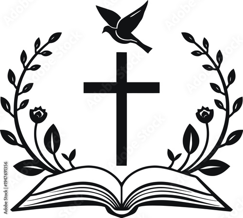 Christian cross with dove, Bible and floral branches black and white vector illustration for faith, peace and religious concept
