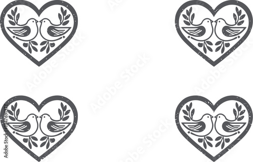 Decorative heart icons with birds and leaves folk art style black and white vector illustration for love and nature concept
