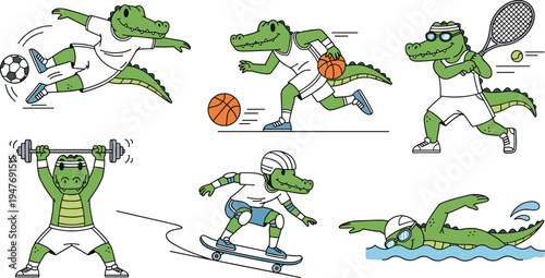 Cartoon Alligator in Various Sports Activities Including Soccer, Basketball, Tennis, and Swimming for Active and Fun Designs