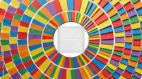 Abstract overhead view of colorful paper strips arranged in circular pattern around box