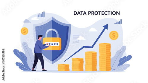 Man enters a secure password into a large shield icon with a padlock to illustrate data protection and financial growth security concepts.