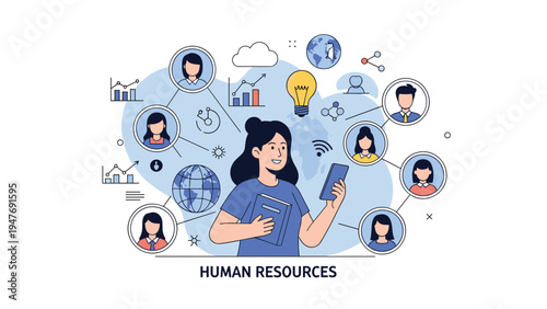 Young woman with a book and smartphone is surrounded by people profile icons to represent human resources and professional networking.