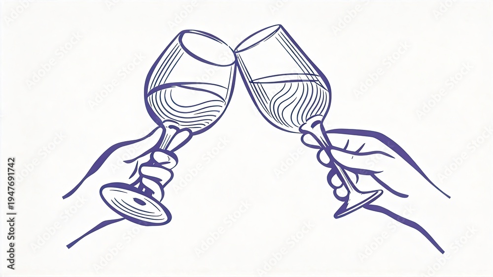 Fototapeta premium Two hands holding wine glasses clinking together in a toast minimalist line art illustration celebration cheers party concept purple vector sketch on white background friendship
