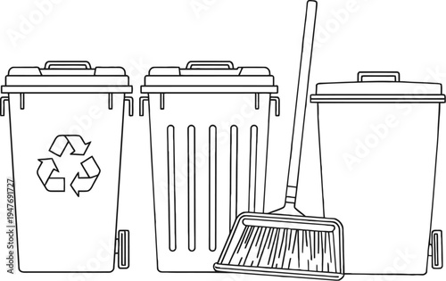 Waste management vector illustration with recycling bin, trash containers and broom for cleanliness and sanitation concept