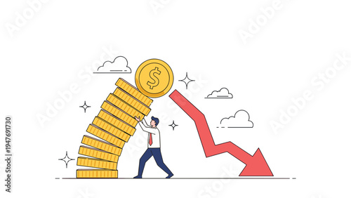 Businessman tries to prevent a falling stack of gold coins from collapsing as a red arrow trends downward to represent a financial crisis.