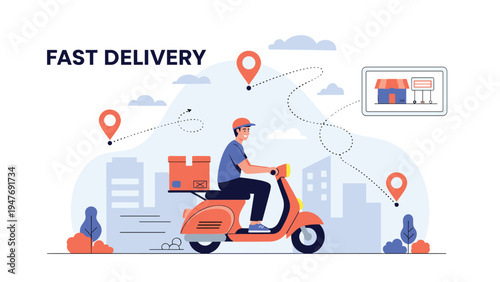 Delivery courier on an orange scooter drives through the city following map pins to illustrate fast and efficient package shipping services.