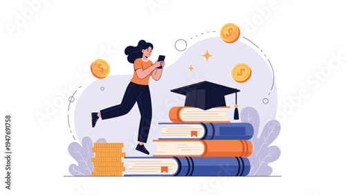 Ambitious woman jumps from a stack of coins onto a pile of books with a graduation cap to symbolize the value of investment in education.