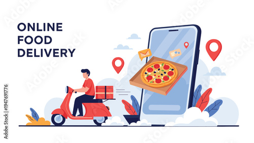 Courier on a red scooter delivers food next to a giant smartphone showing a fresh pizza and location pins for online food delivery service.