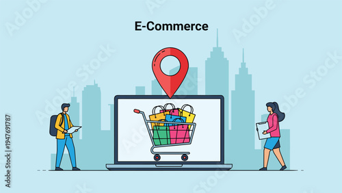 People walk past a large laptop showing a shopping cart filled with colorful bags and a location pin to represent an e-commerce platform.