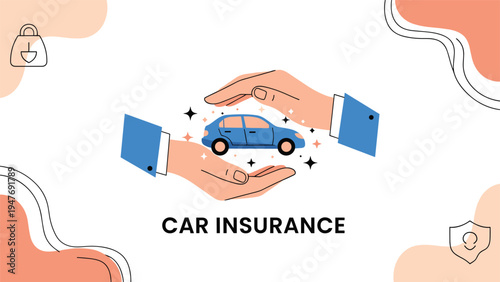 Pair of hands in blue suit sleeves hold a blue car protectively between them to represent automotive insurance and vehicle protection plans.