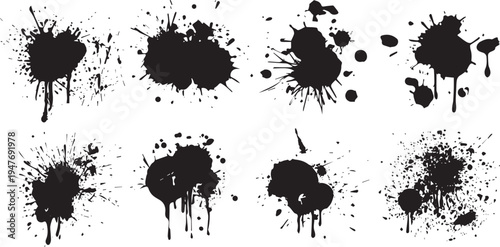 Eight distinct black ink splatters and paint drips on a white background