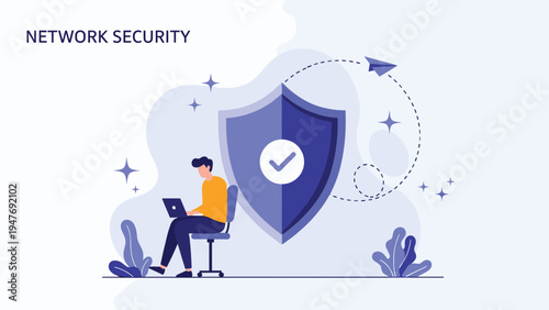 Focused technician working on laptop protected by giant digital shield ensuring network security and data privacy online.