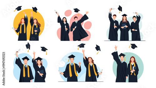 Large collection of diverse university graduates in academic gowns and caps celebrating their graduation by throwing hats in the air.