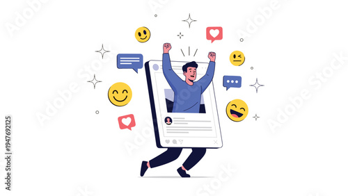 Excited man celebrating social media engagement by jumping out of digital post frame surrounded by emojis and likes.