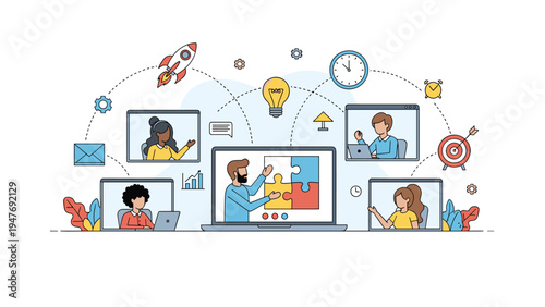 Remote team collaborating online through video conferencing with icons of innovation and productivity for digital workspace.