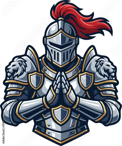 Powerful Medieval Knight in Full Armor with Red Plume and Lion Shoulder Guards — Cartoon Vector Mascot Illustration of Warrior Knight Character for Esport Logo, Game, and Sport Team Design