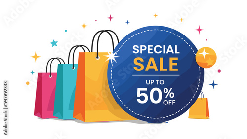 Vibrant shopping bags promotion banner for special sale offering up to fifty percent discount to attract customers.