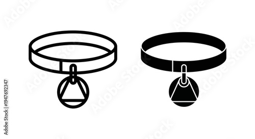 Two dog collars with bells in black and white line art style
