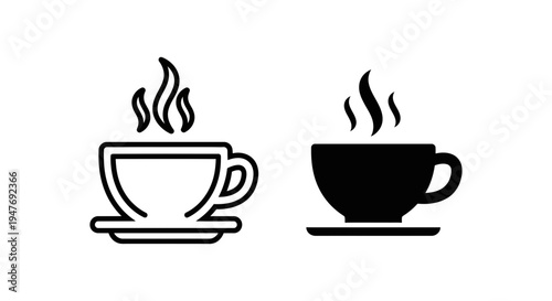 Black and white steaming coffee cup icons on a plain background