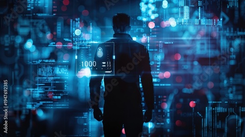 A silhouette of an individual immersed in a world of advanced technology and data. ..Created with Generative AI, not depicting real subjects.