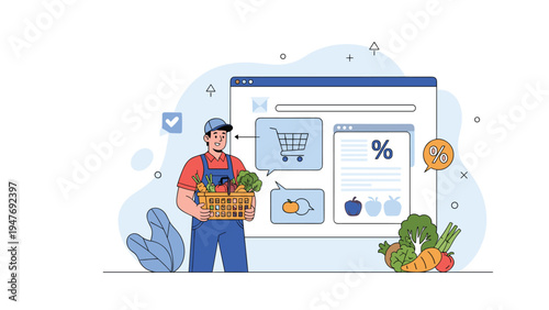 Friendly delivery man holding basket of fresh vegetables next to online grocery store website interface for easy food order.