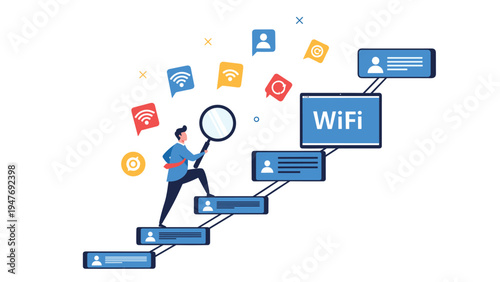 Ambitious professional climbing stairs made of digital icons searching for WiFi and network connectivity for business.