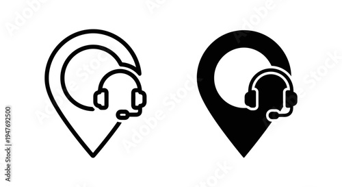 Two black and white icons of location markers with headsets