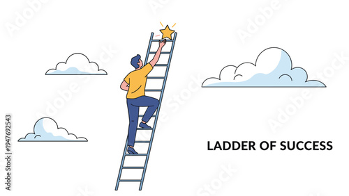 Determined man climbing tall ladder towards golden star to achieve career goals and reach highest level of success.