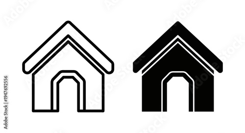 Black and white dog house icons with simple line art designs