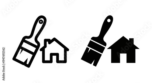 Black and white icons of paint brushes with house silhouettes for home improvement or construction concepts