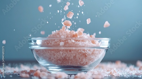 Pink salt cascades gracefully into a clear glass bowl with grains of salt scattered around, creating an exquisite culinary scene for food photography