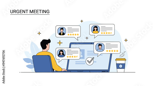 Busy manager sitting at laptop screen organizing urgent meeting with team members and evaluating their performance ratings.